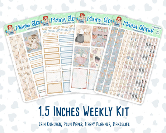 Kit 0255 - 1.5" Wide Column - Weekly Kit - February - Cottagecore Kitties - For Vertical & Hourly Planners