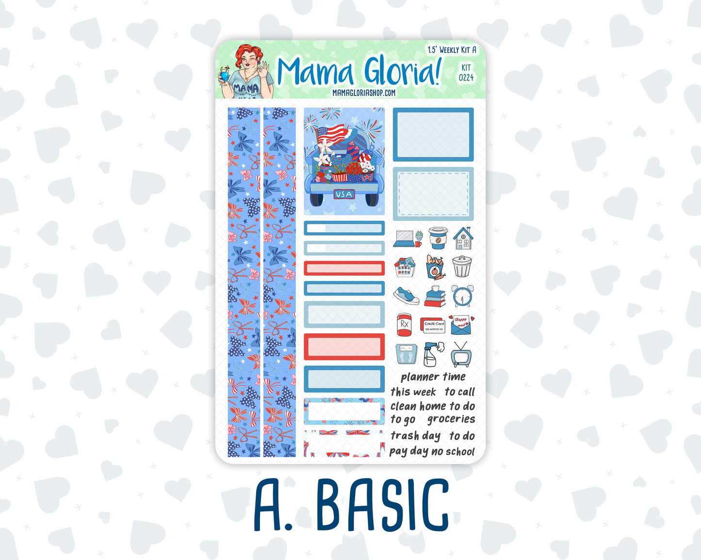 Kit 0224 - 1.5" Wide Column - Weekly Kit - July - Patriotic Parade - For Vertical & Hourly Planners