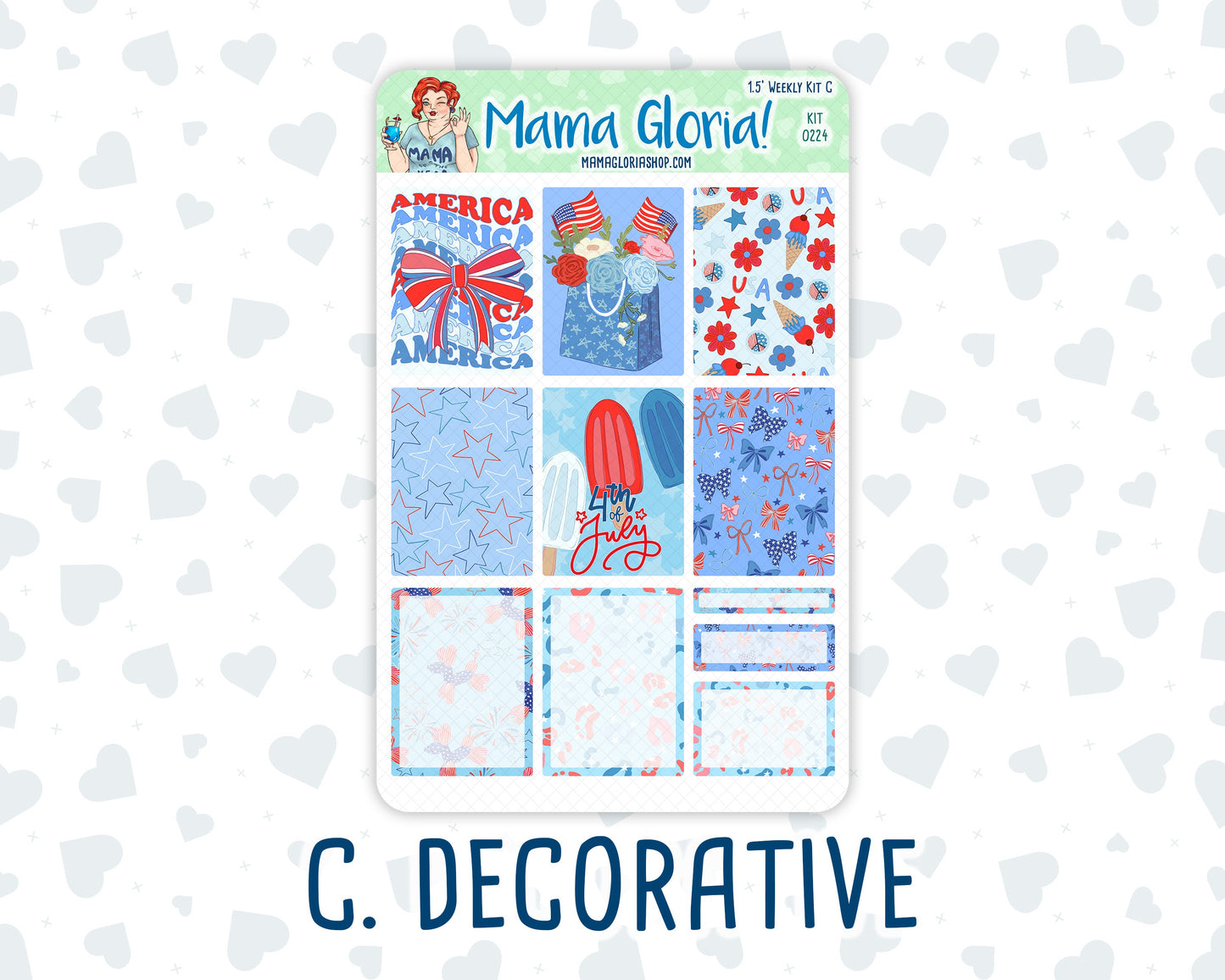 Kit 0224 - 1.5" Wide Column - Weekly Kit - July - Patriotic Parade - For Vertical & Hourly Planners