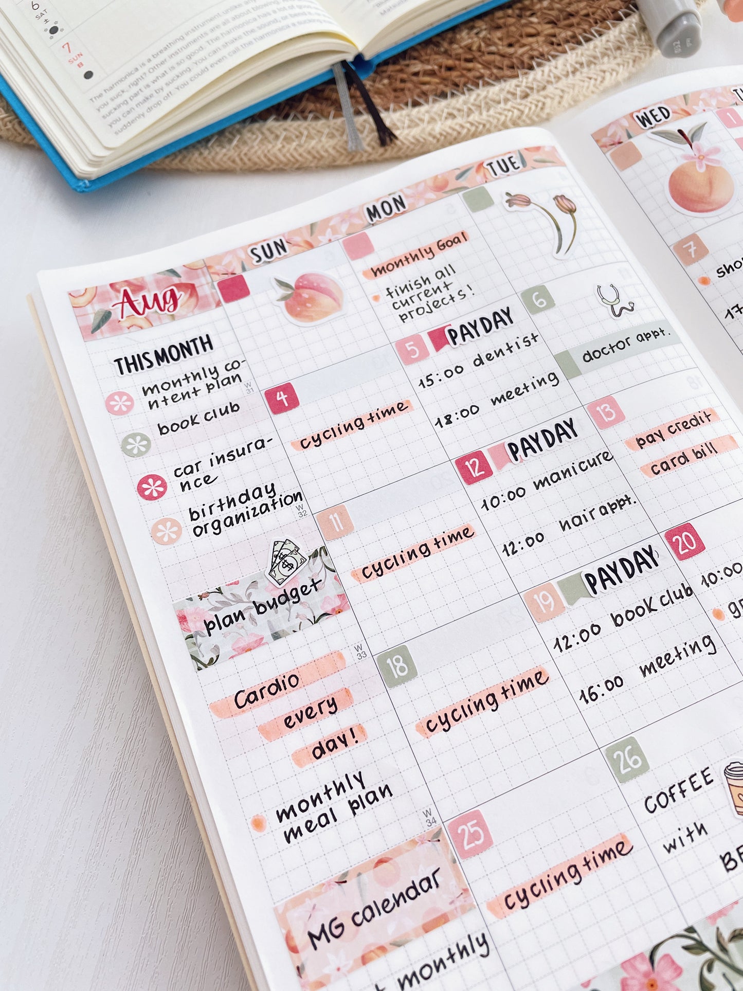 Kit 0179 Hobonichi Cousin – Monthly – 1.3” Wide Columns - Peaches - August - Summer