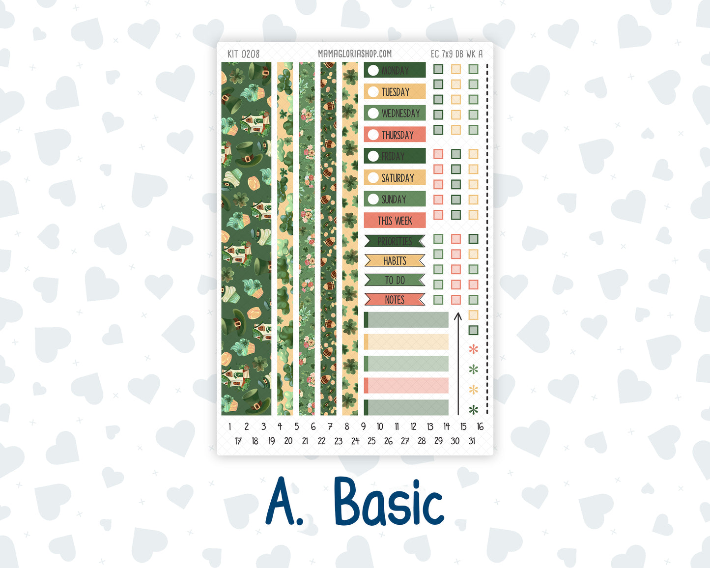 Kit 0208- Weekly Dashboard Planner - Erin Condren - March -Shamrock Lane