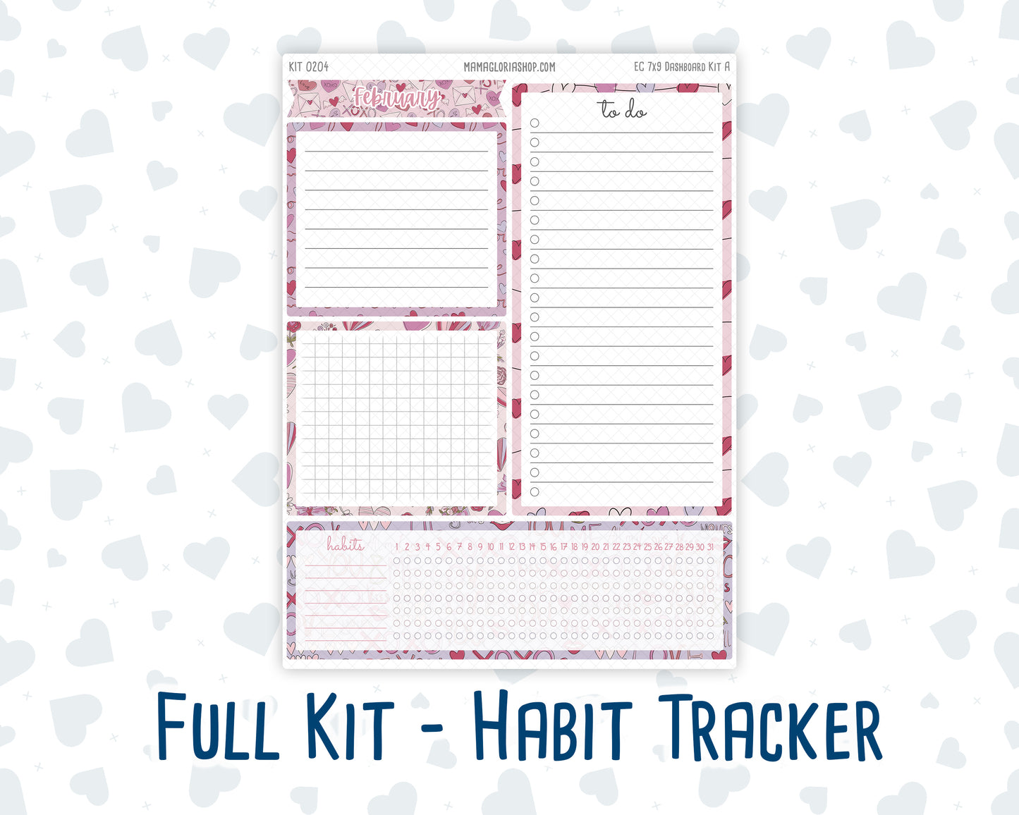 Kit 0204 - 7x9 - EC Notes Pages - February - Valentines Garden - Dashboard Kit | Productivity Page