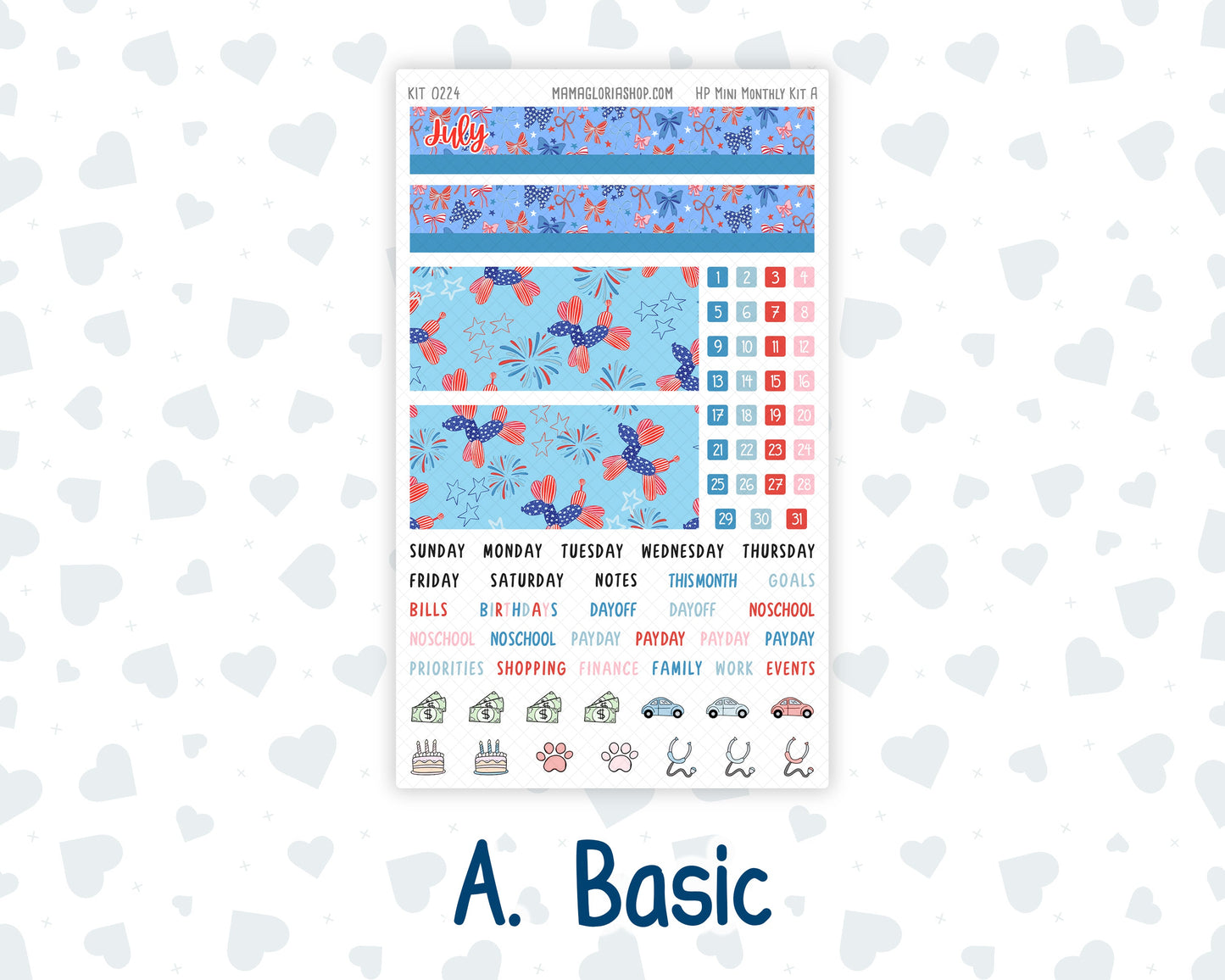 Kit 0224 - HP Mini - Monthly Kit - July - Patriotic Parade - For Mini Happy Planner