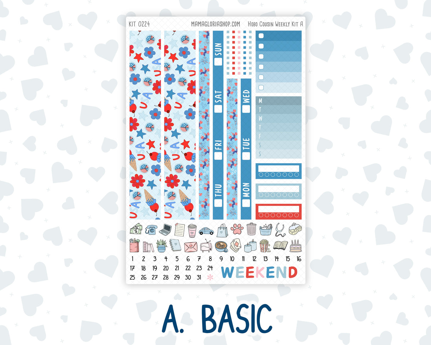 Kit 0224 - Hobonichi Cousin - Weekly Kit - July - Patriotic Parade - 1.3” Wide Columns