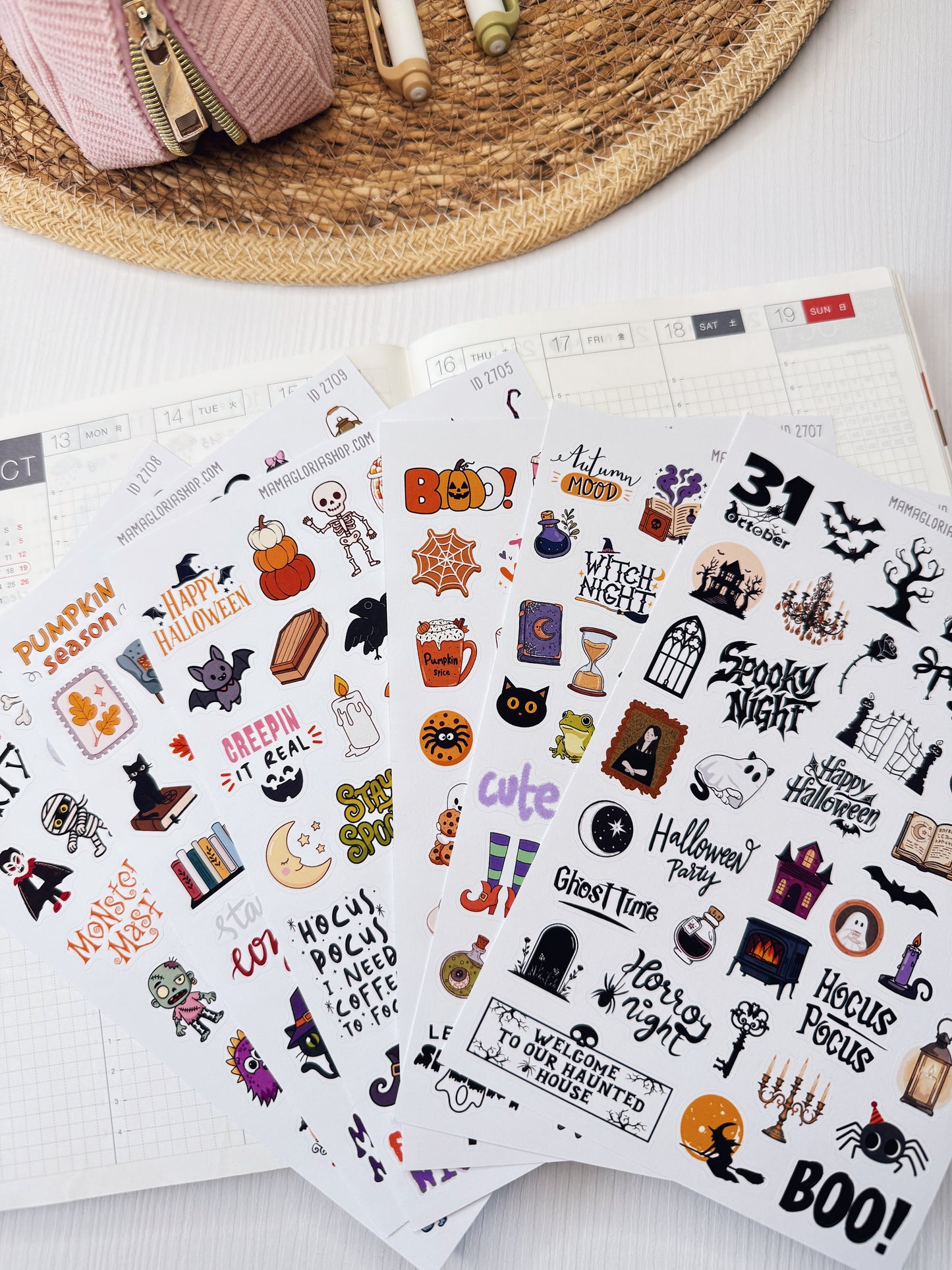 Halloween Planner Stickers, Doodle Icons & Phrases, 6-Sheet Bundle for Journals, Planners