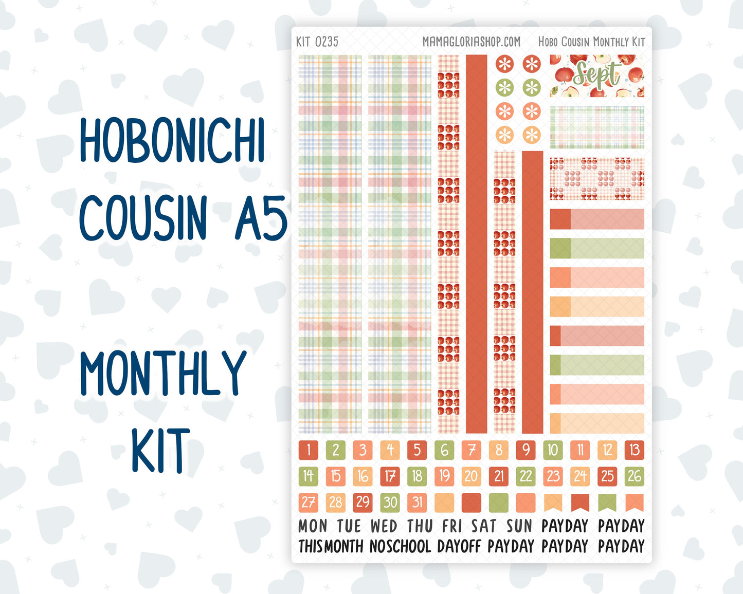 Kit 0235 - Hobonichi Cousin - Monthly Kit - September - Apple Orchard - 1.3” Wide Columns