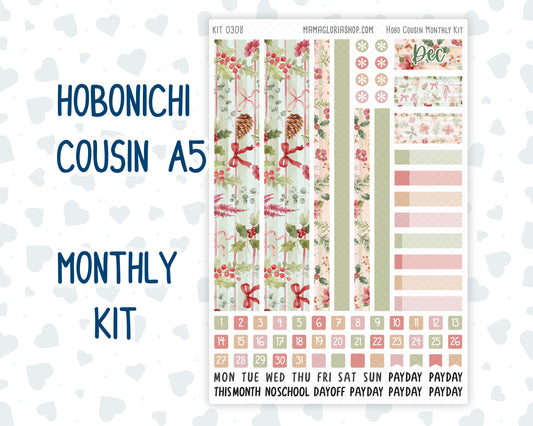 Kit 0308 - Hobonichi Cousin - Monthly Kit - December - Knit & Holly - 1.3” Wide Columns