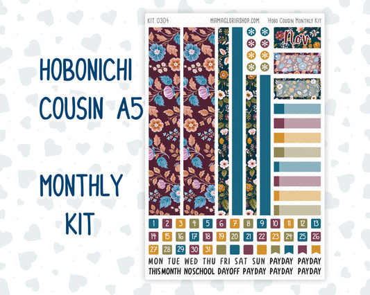 Kit 0304 - Hobonichi Cousin - Monthly Kit - November - Autumn In Bloom - 1.3” Wide Columns