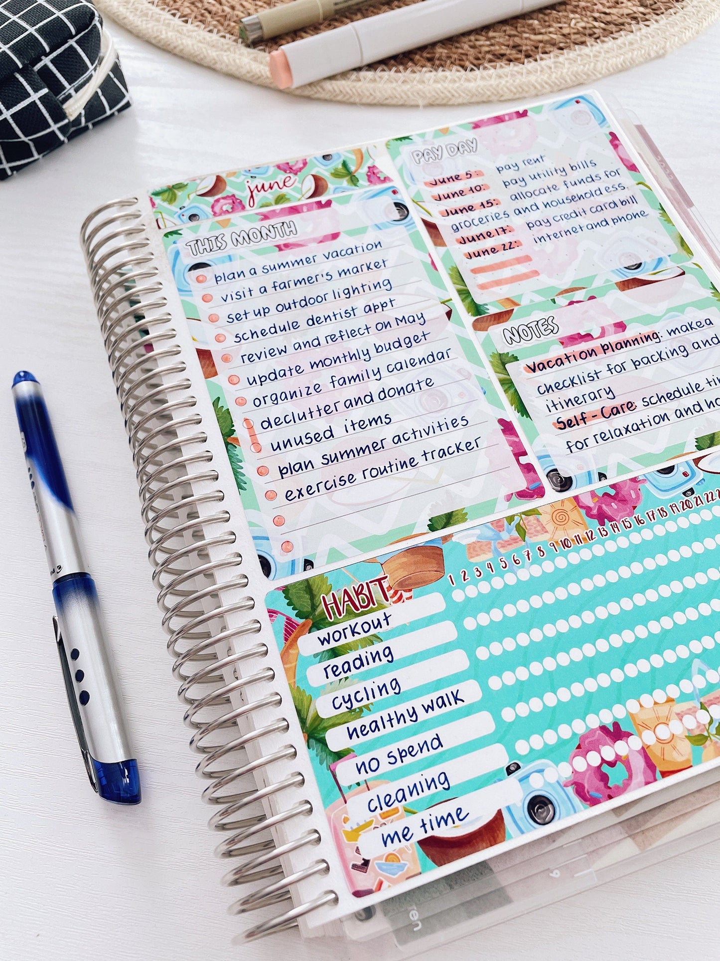Kit 0222 - A5 - EC Notes Pages - June - Beach Day - Dashboard Kit | Productivity Page