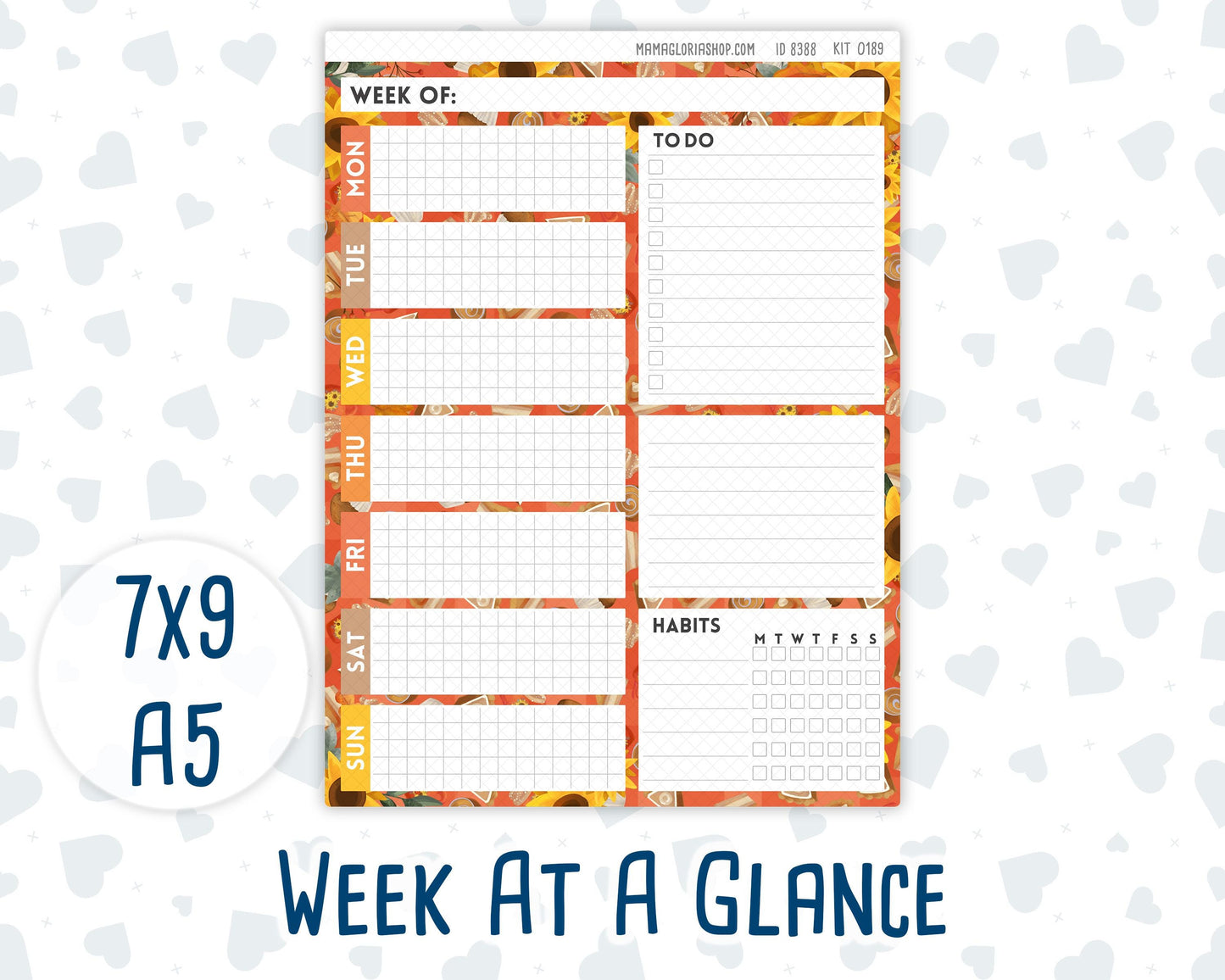 Kit 0189- Week At A Glance - Fall Backing - For 7x9 & A5 Planners - Notebooks - October- Autumn-Fall