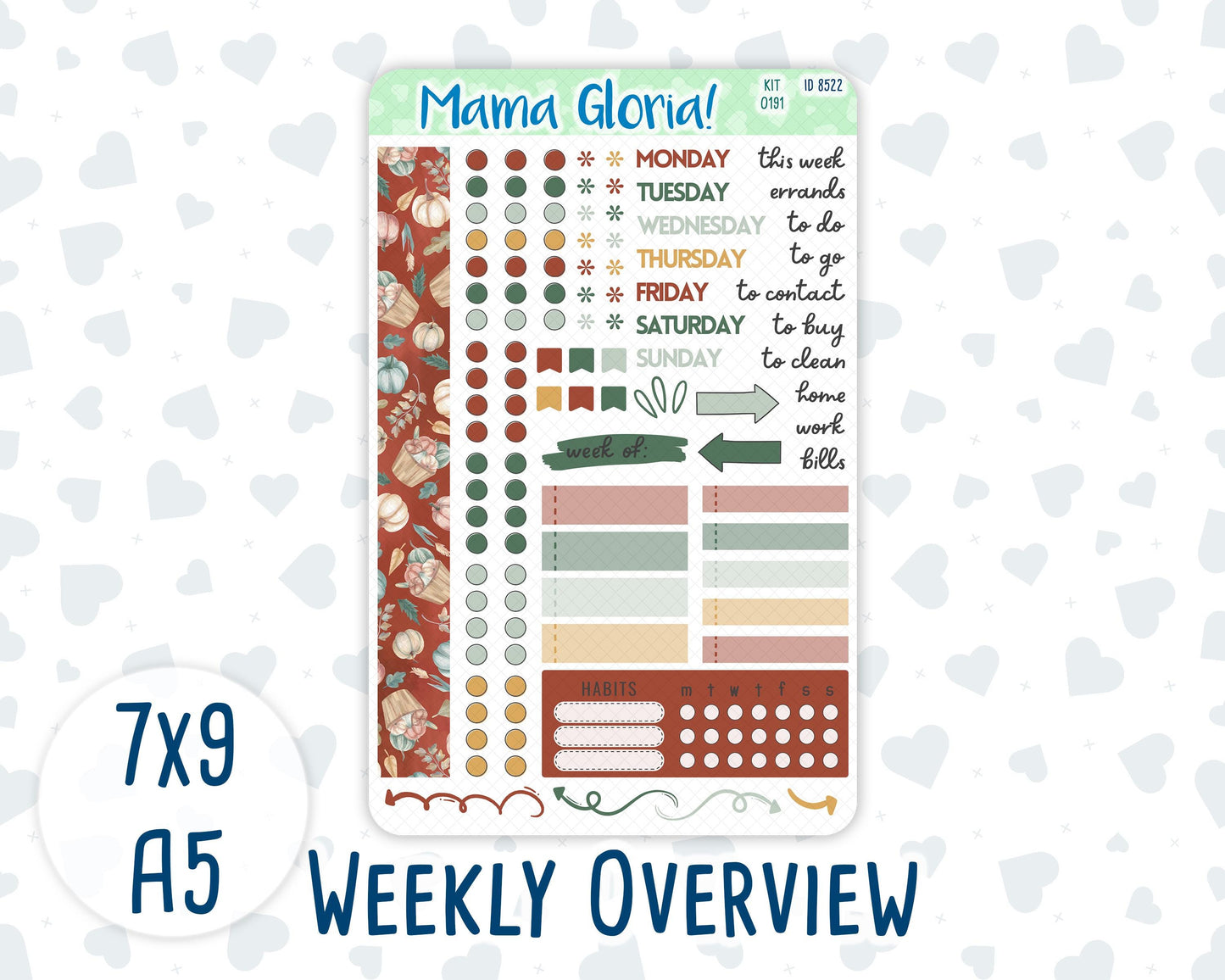 Kit 0191- Weekly Overview - Autumn Harvest - For 7x9 & A5 Planners - Notebooks - October