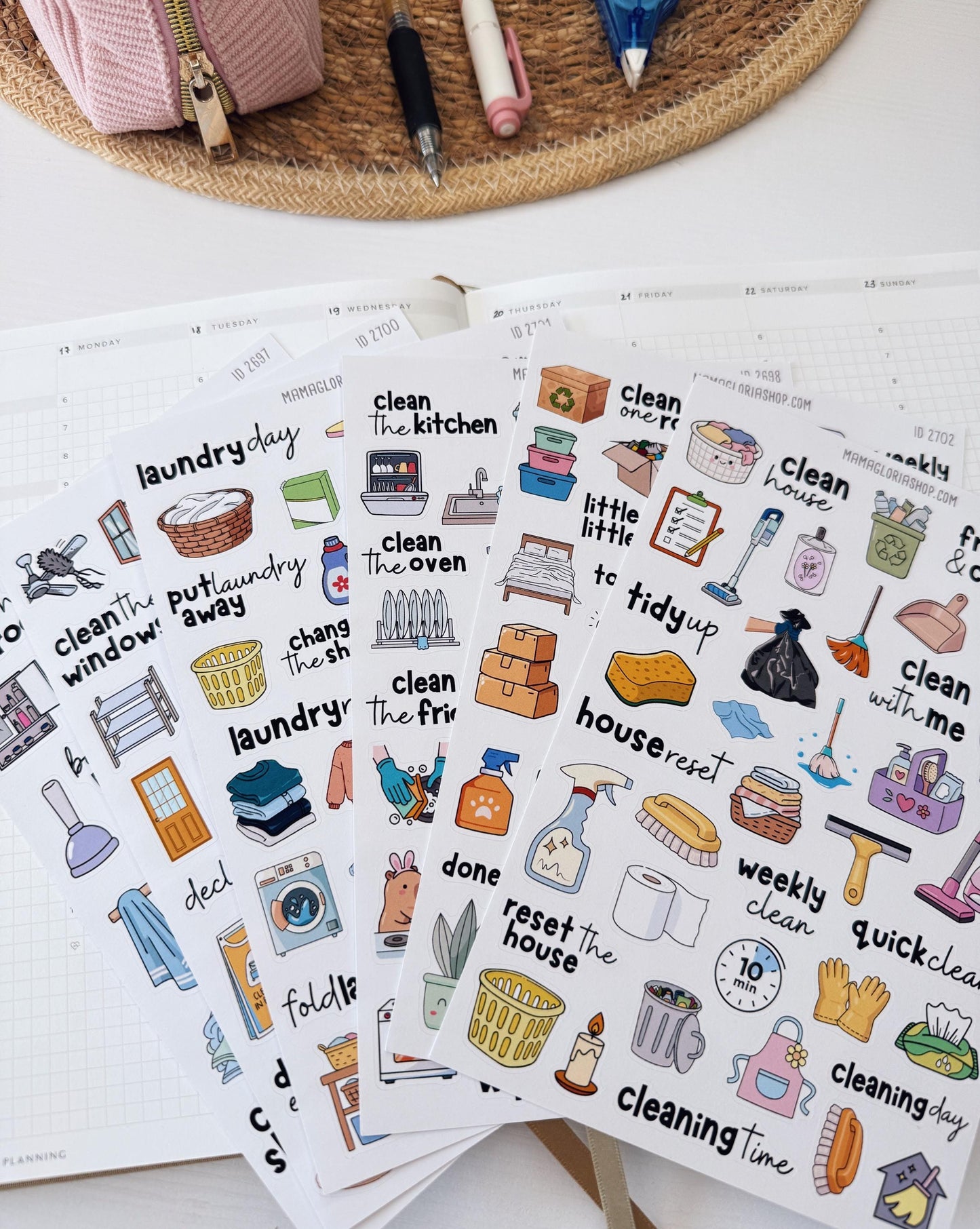 Cleaning Routine Planner Stickers, Chore & Housework Stickers, Laundry, Kitchen, Bathroom, Deep Cleaning, 6 Sheet Bundle