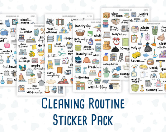 Cleaning Routine Planner Stickers, Chore & Housework Stickers, Laundry, Kitchen, Bathroom, Deep Cleaning, 6 Sheet Bundle