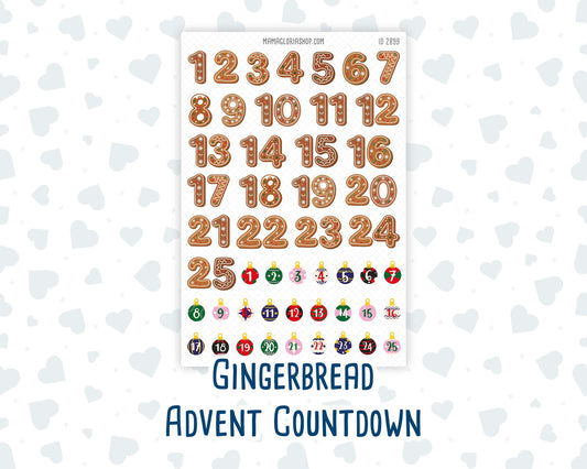 Christmas Advent Countdown Stickers, Gingerbread Numbers 1-25, December Daily Planner & Holiday Calendar Stickers