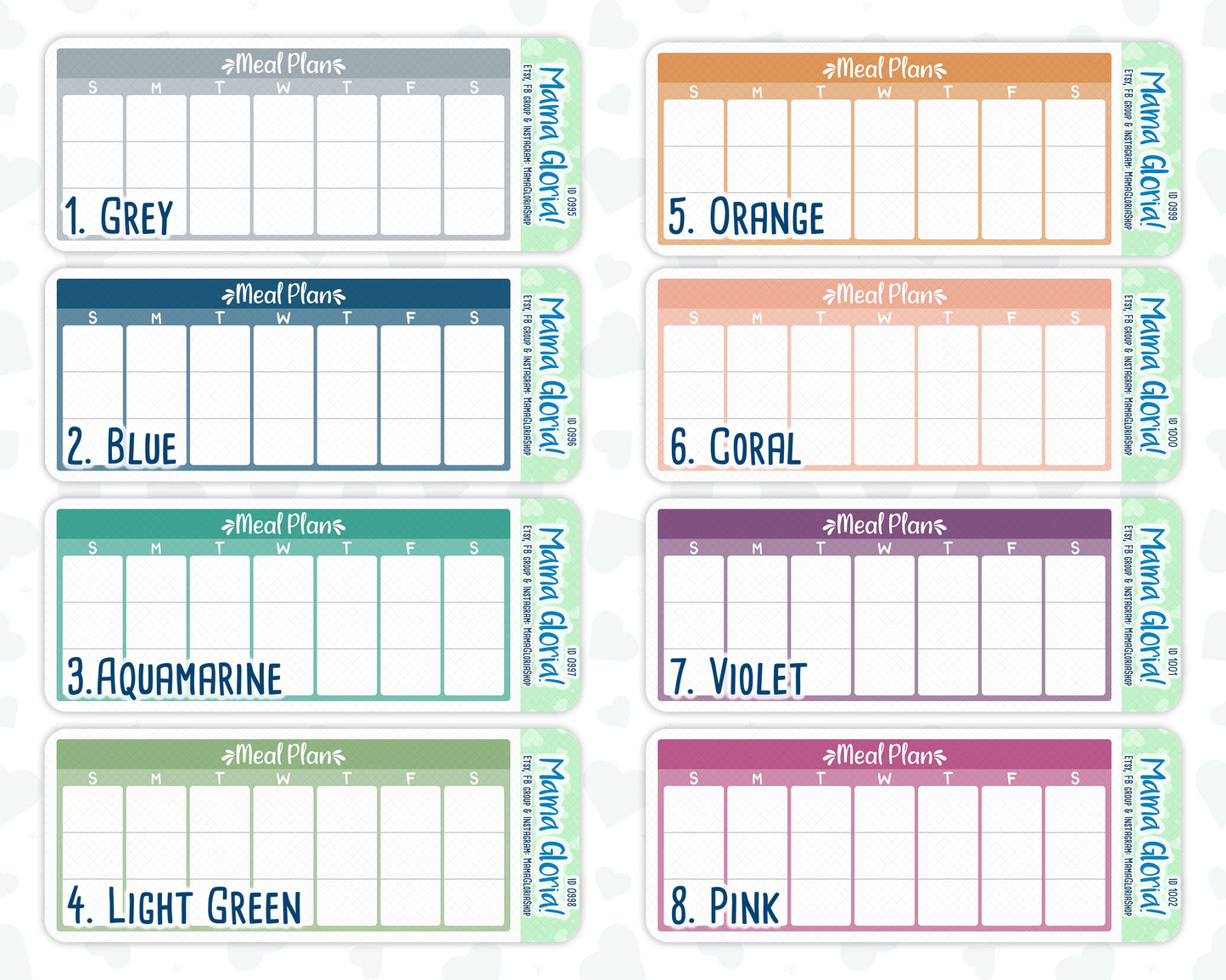Meal Plan weekly tracker for Erin Condren daily duo planners, ID 0995/00996/0997/0998/0999/1000/1001/1002