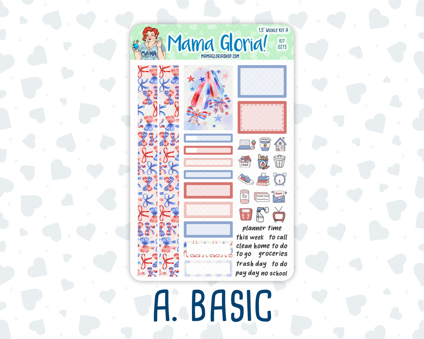 Kit 0273 - 1.5" Wide Column - Weekly Kit - July - Americana In Bloom  - For Vertical & Hourly Planners