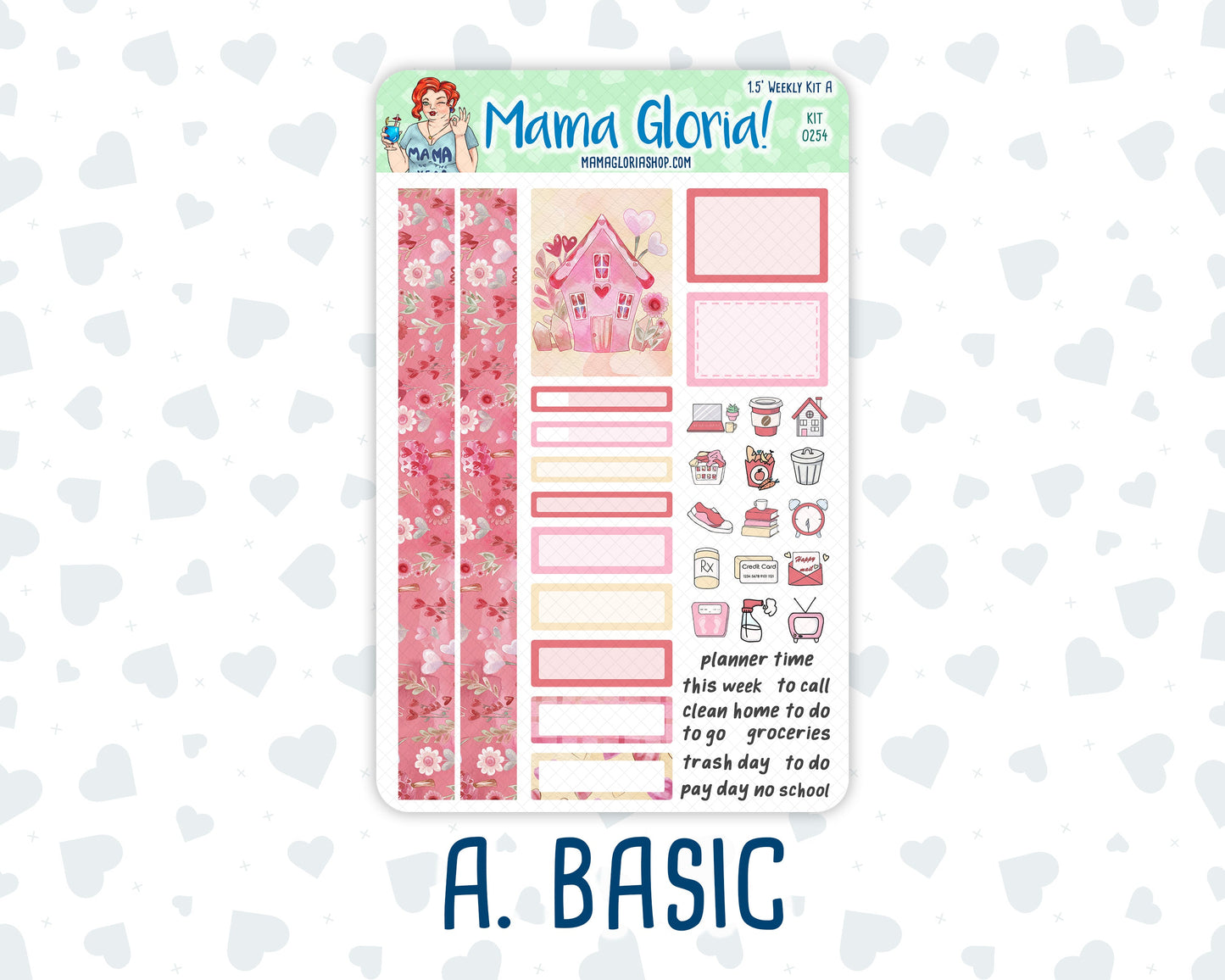 Kit 0254 - 1.5" Wide Column - Weekly Kit - February - Valentine Village  - For Vertical & Hourly Planners