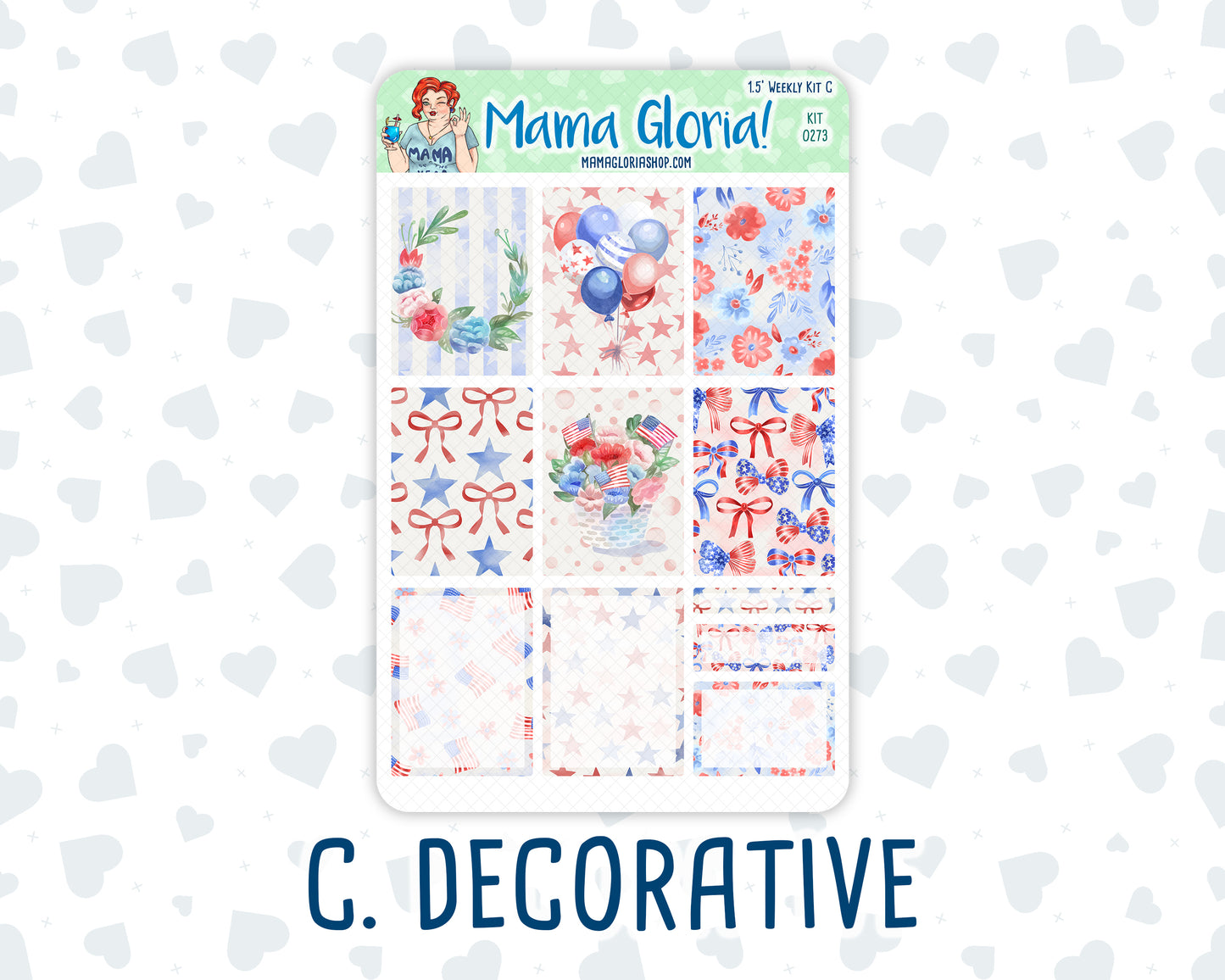 Kit 0273 - 1.5" Wide Column - Weekly Kit - July - Americana In Bloom  - For Vertical & Hourly Planners