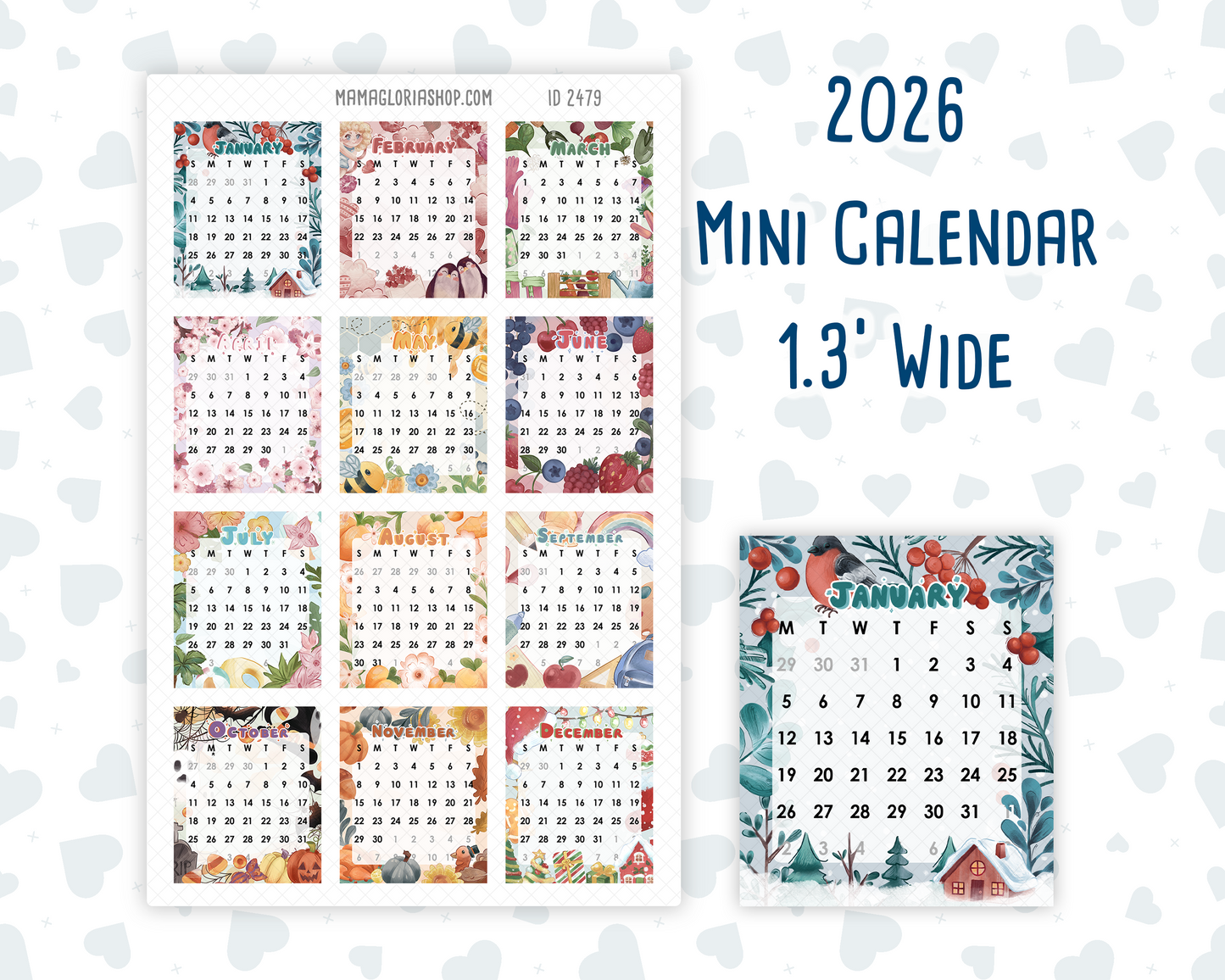 Mini Monthly Calendar Stickers 2026 — Sunday or Monday Start | Small Planner Calendar | 1.3” Wide Planner Stickers