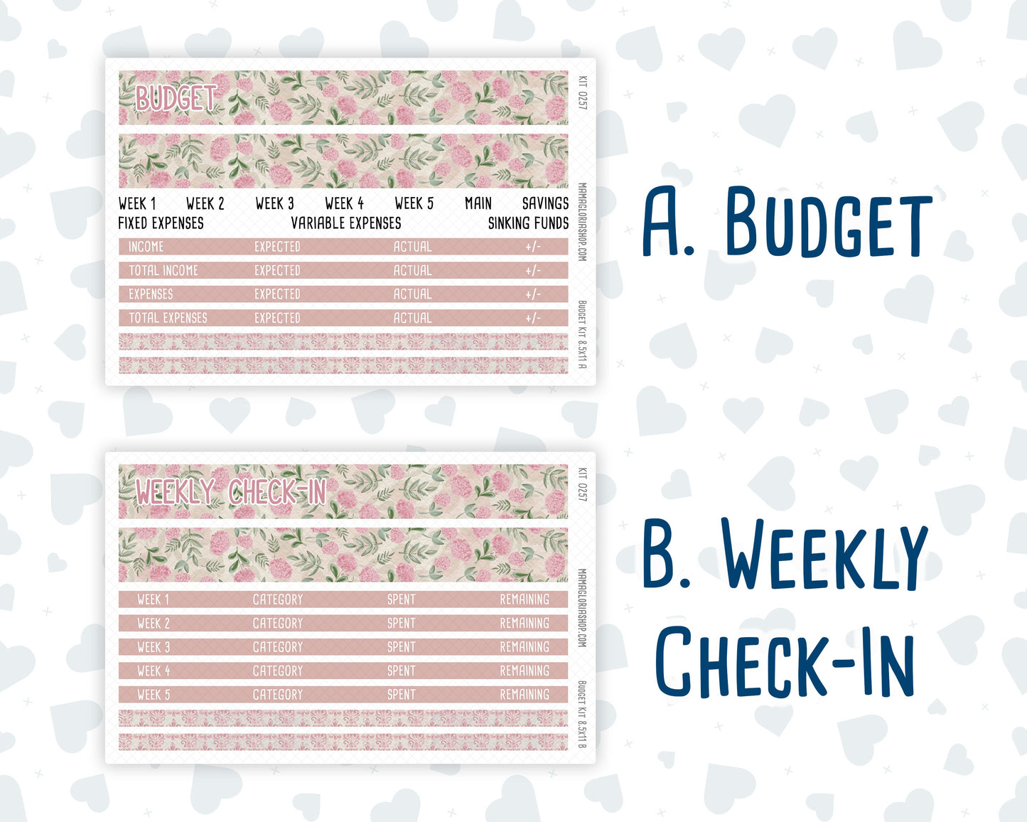 Kit 0257 - Budget - For 8.5x11 Planners | Notebooks - March - Blush Garden