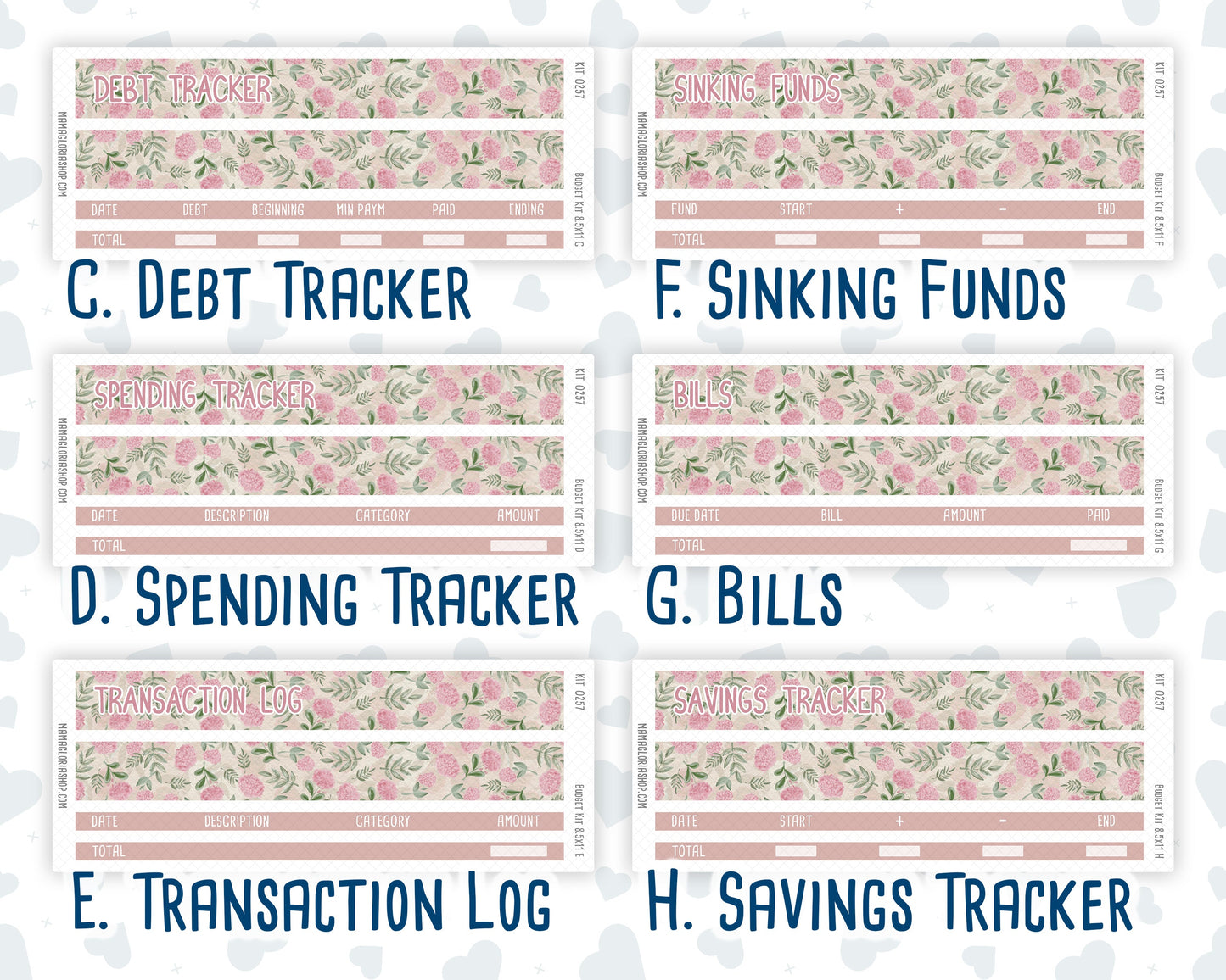 Kit 0257 - Budget - For 8.5x11 Planners | Notebooks - March - Blush Garden