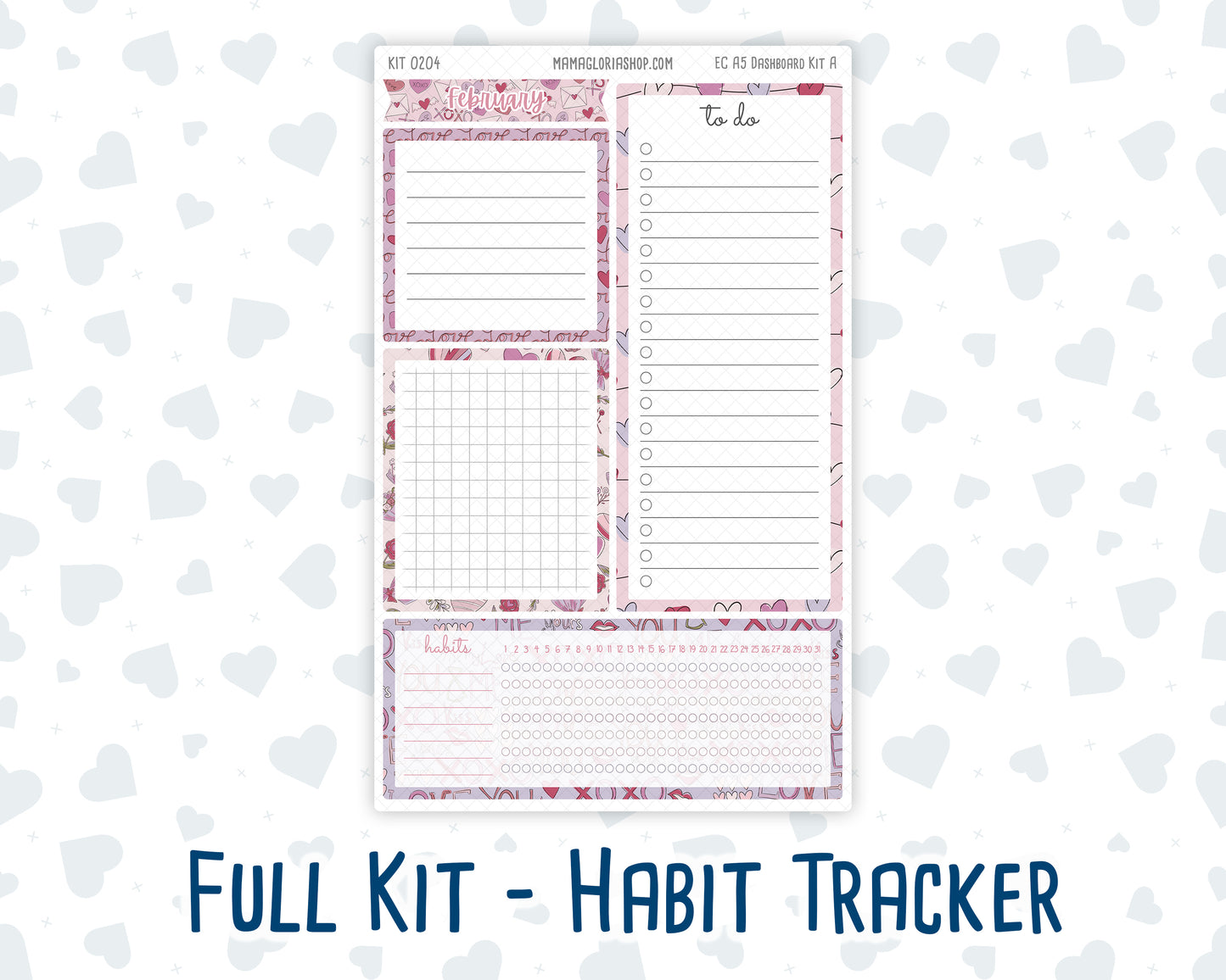 Kit 0204 - A5 - EC Notes Pages - February- Valentines Garden - Dashboard Kit | Productivity Page