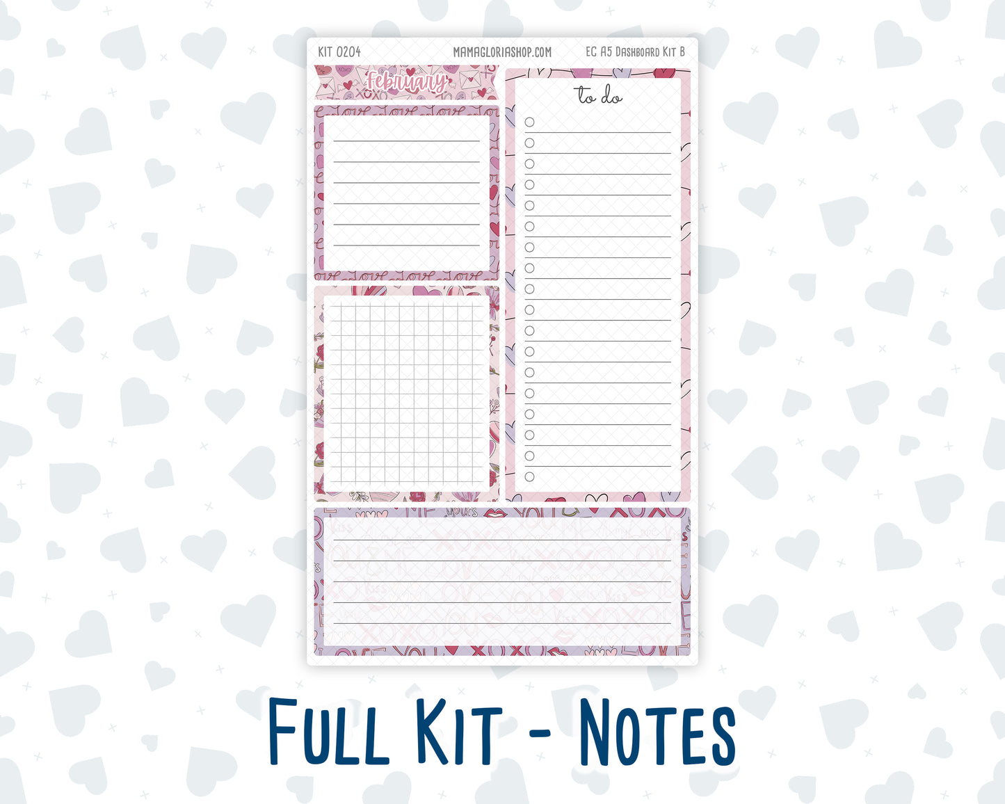 Kit 0204 - A5 - EC Notes Pages - February- Valentines Garden - Dashboard Kit | Productivity Page