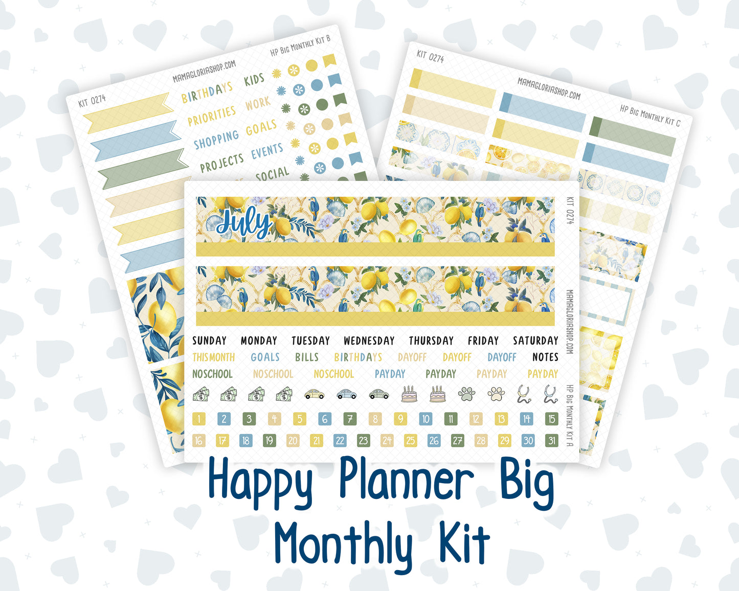 Kit 0274 - HP Big - Monthly Kit - July - Sunny Lemon Shore - For Big Happy Planner
