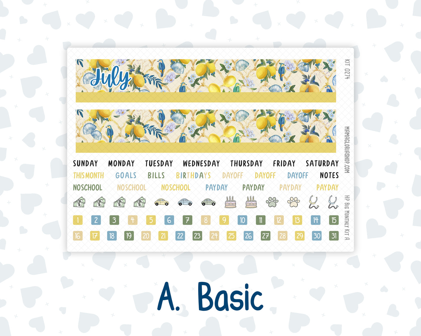 Kit 0274 - HP Big - Monthly Kit - July - Sunny Lemon Shore - For Big Happy Planner