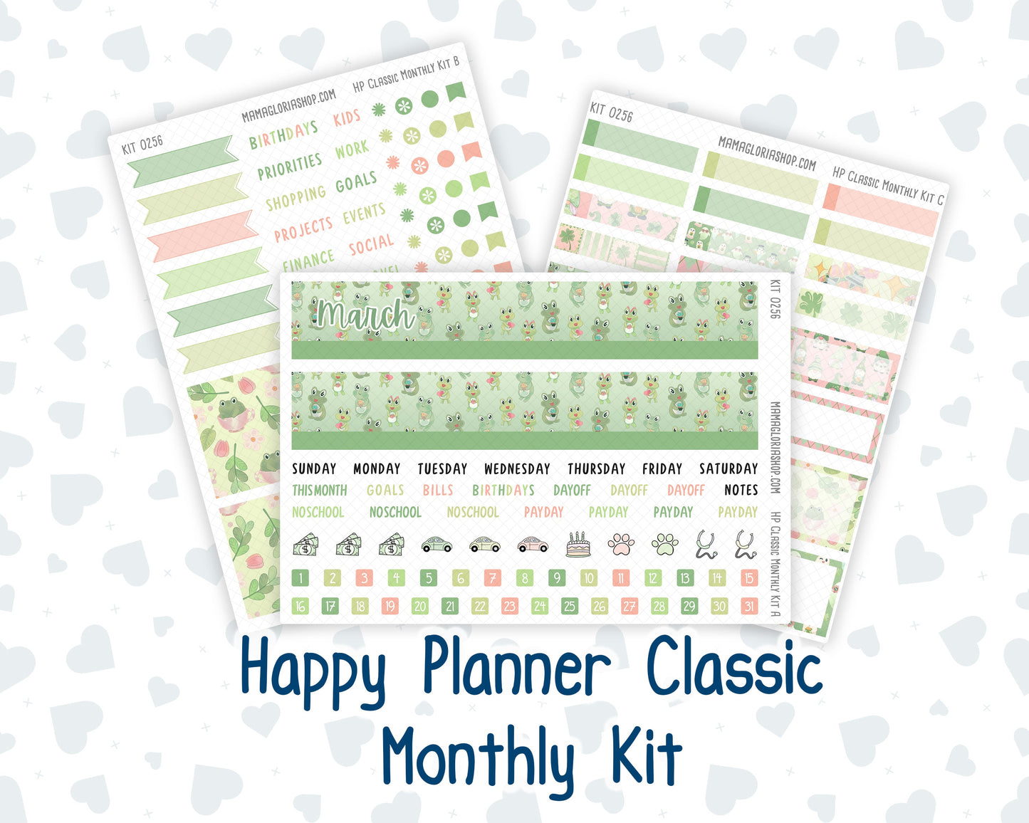 Kit 0256 - HP Classic - Monthly Kit - March - Froggy Luck - For Classic Happy Planner