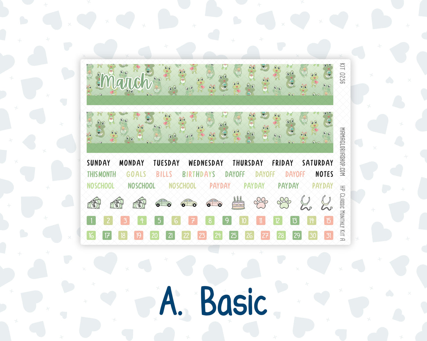 Kit 0256 - HP Classic - Monthly Kit - March - Froggy Luck - For Classic Happy Planner