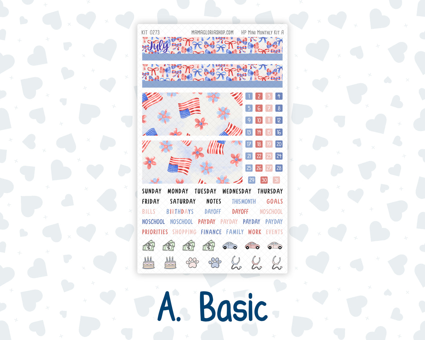 Kit 0273 - HP Mini - Monthly Kit - July - Americana In Bloom - For Mini Happy Planner