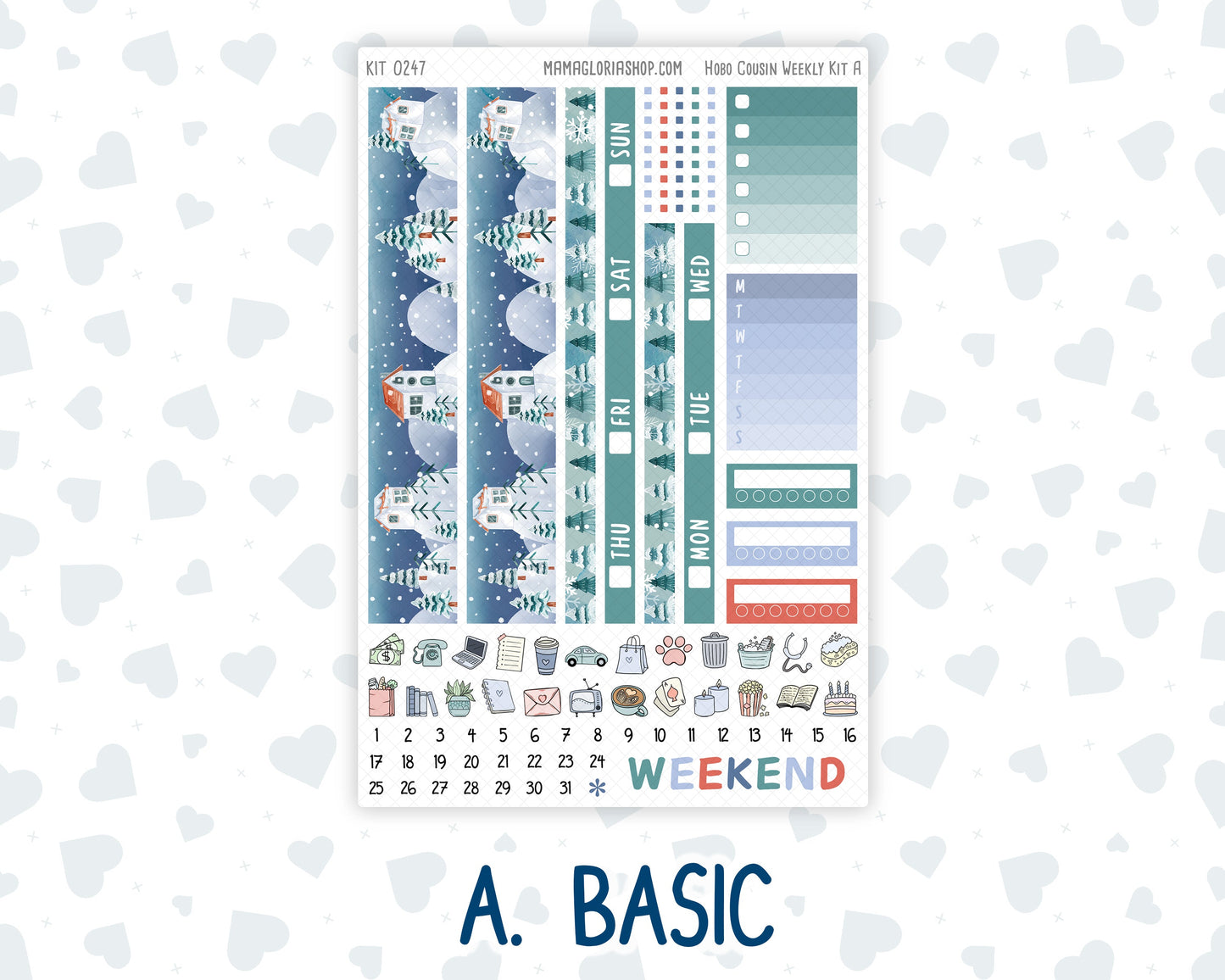 Kit 0247 - Hobonichi Cousin - Weekly Kit - December - Snow Day Adventures - 1.3” Wide Columns