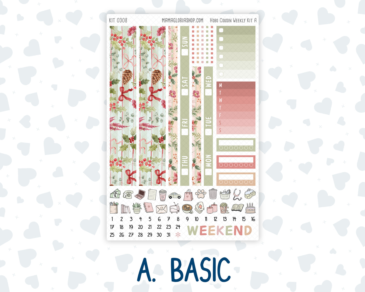 Kit 0308 - Hobonichi Cousin - Weekly Kit - December - Knit & Holly - 1.3” Wide Columns