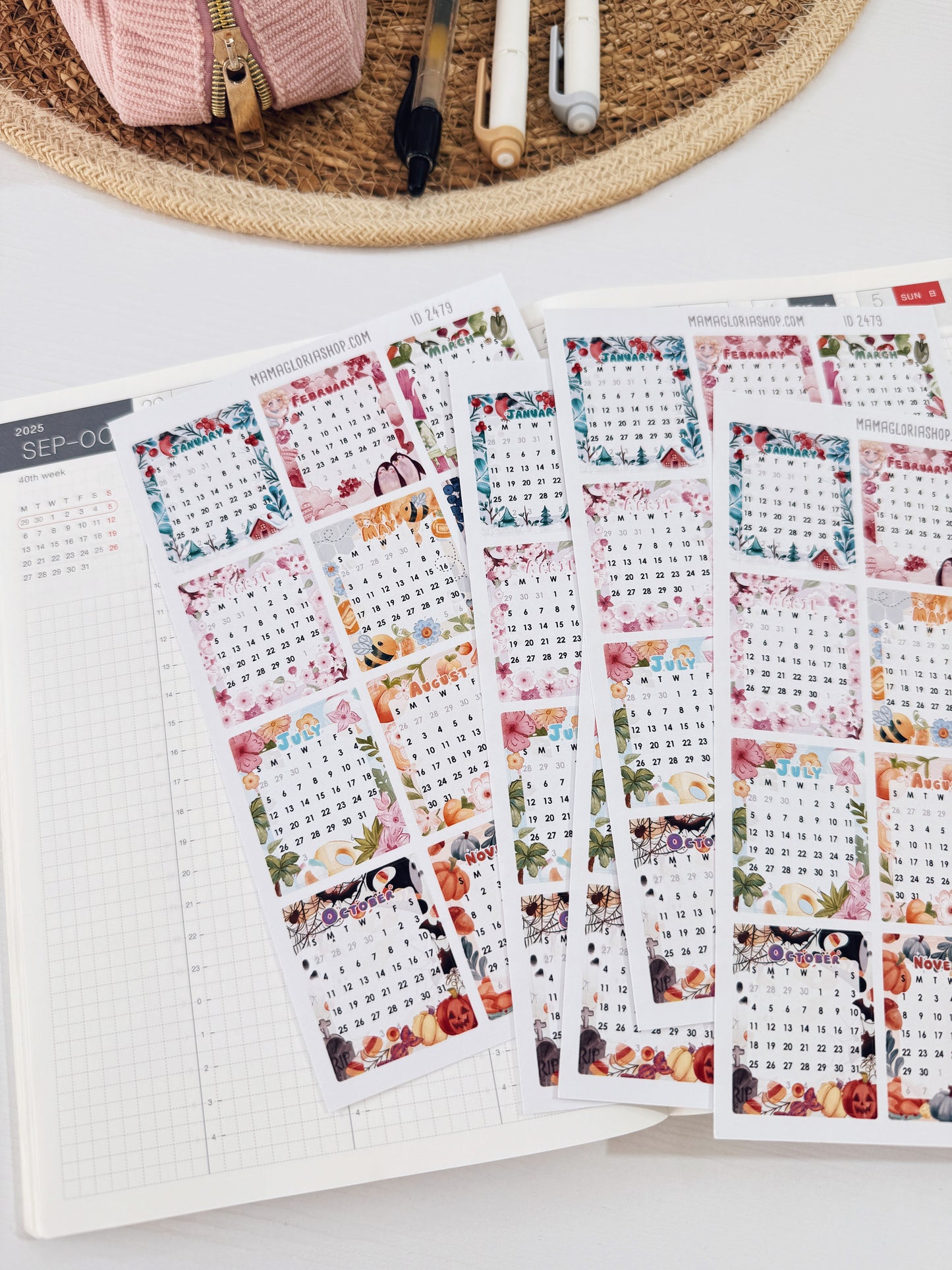 Mini Monthly Calendar Stickers 2026 — Sunday or Monday Start | Small Planner Calendar | 1.3” Wide Planner Stickers