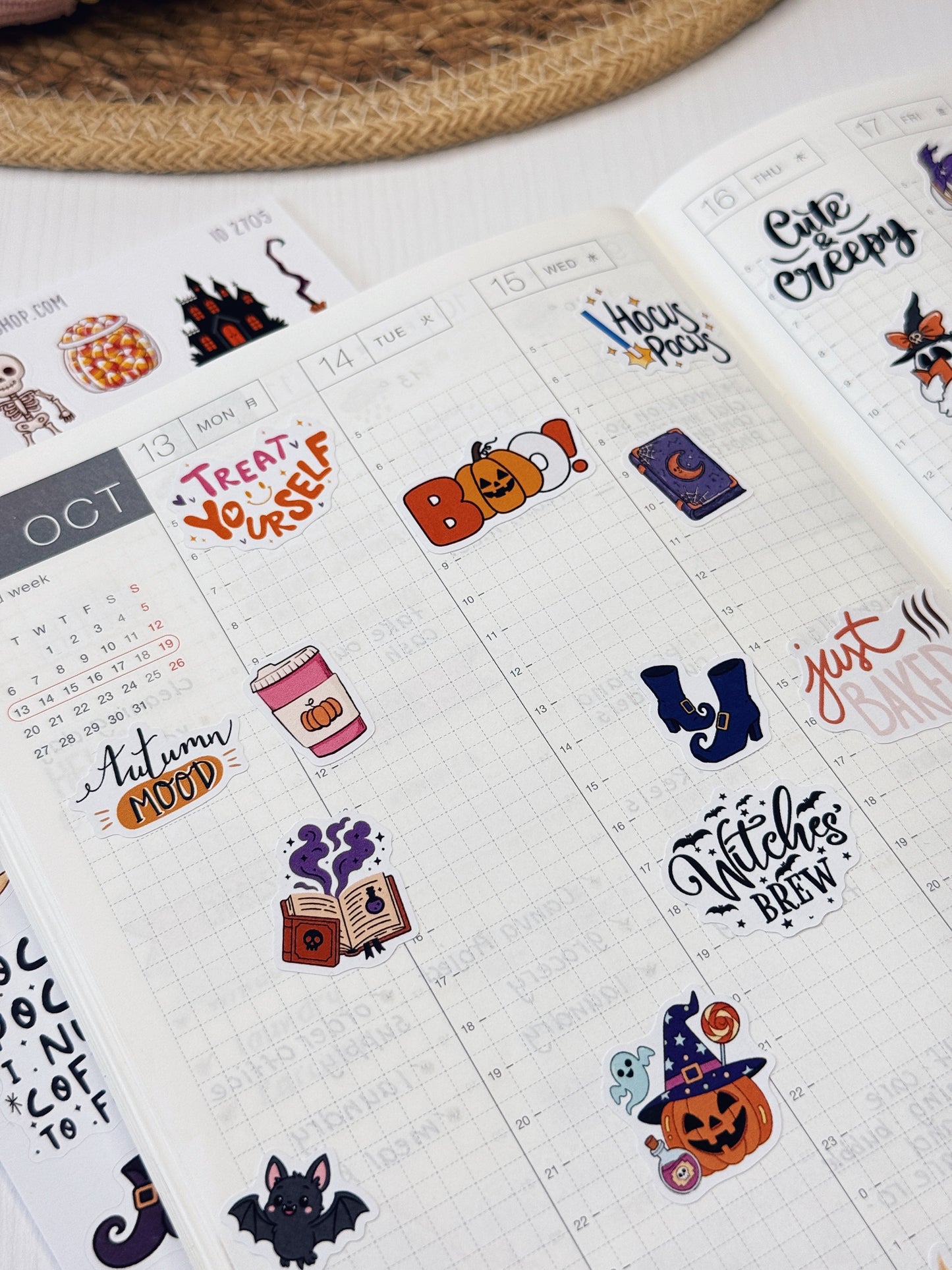 Halloween Planner Stickers, Doodle Icons & Phrases, 6-Sheet Bundle for Journals, Planners
