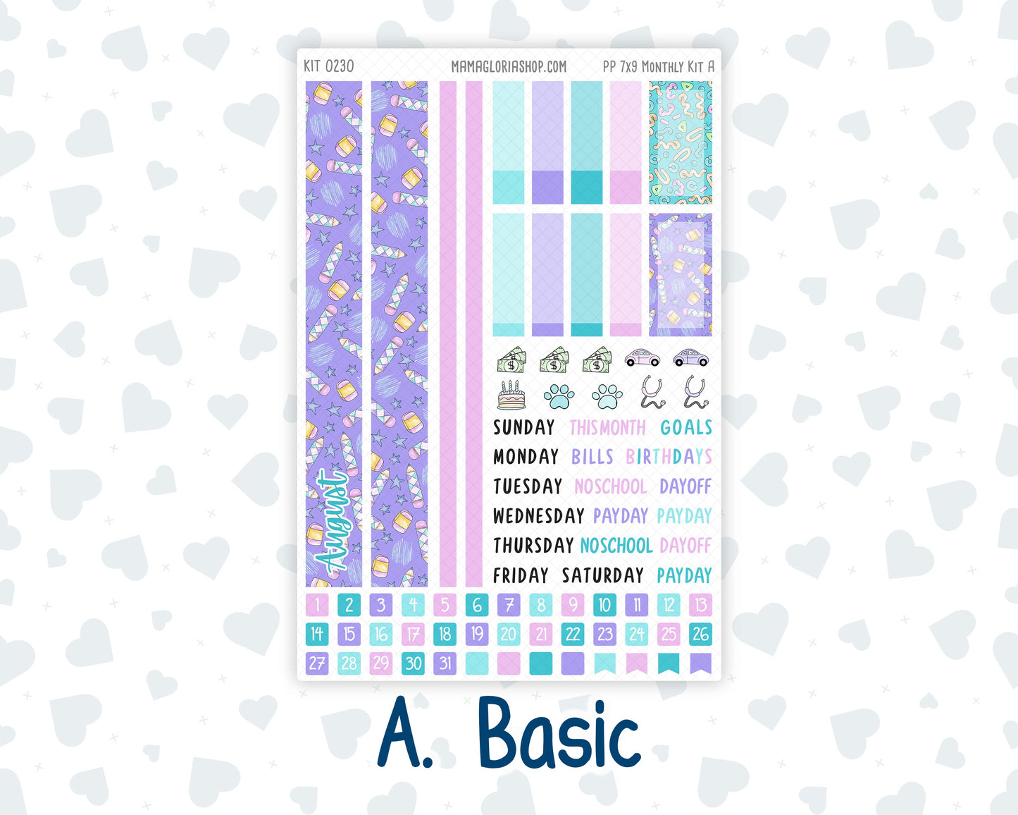 Kit 0230 - 7x9 - Plum Paper - Monthly Kit - August - School Daze