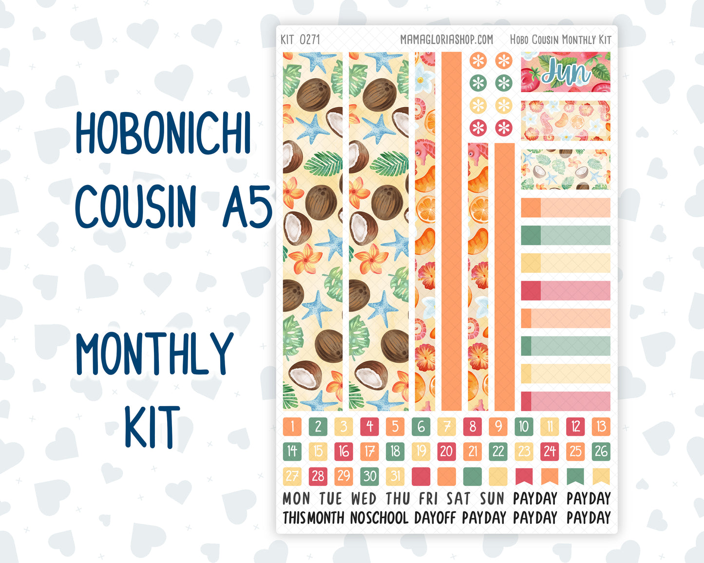 Kit 0271 - Hobonichi Cousin - Monthly Kit - June - Strawberry Shore - 1.3” Wide Columns