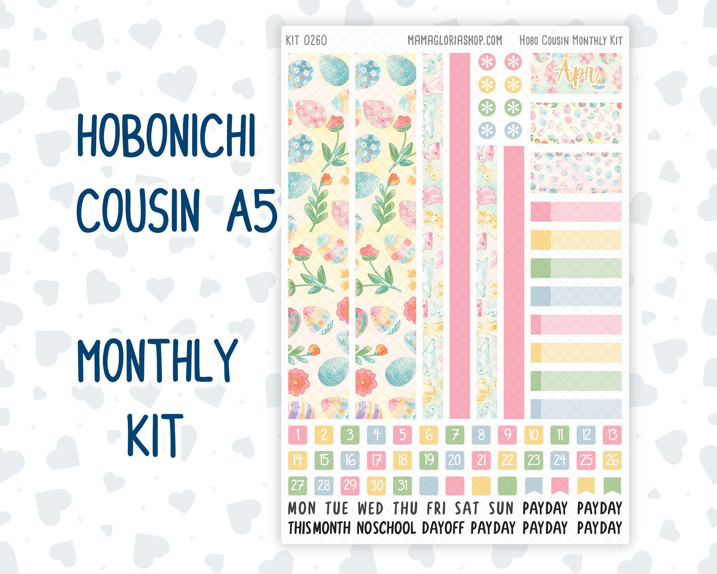 Kit 0260 - Hobonichi Cousin - Monthly Kit - April - Pastel Egg Hunt - 1.3” Wide Columns