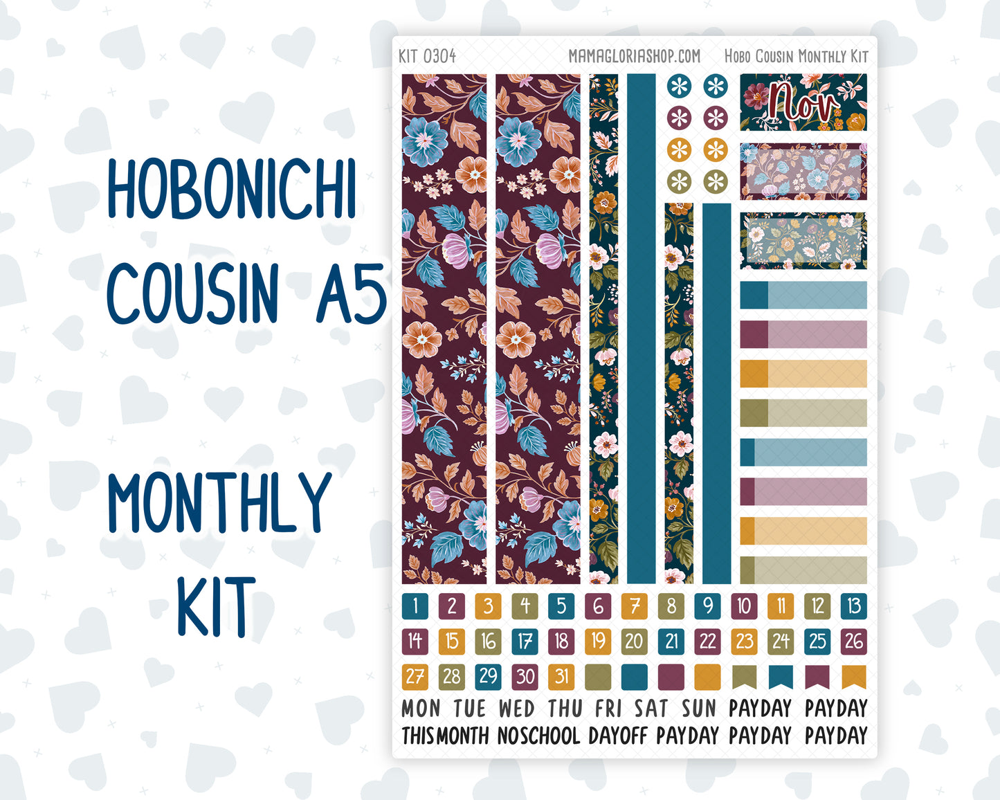 Kit 0304 - Hobonichi Cousin - Monthly Kit - November - Autumn In Bloom - 1.3” Wide Columns