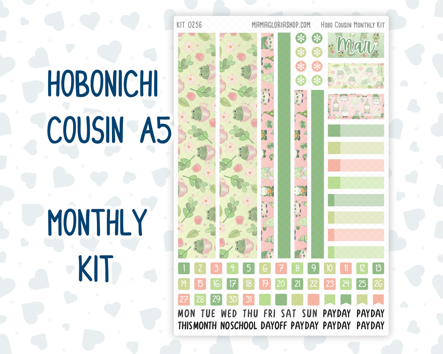 Kit 0256 - Hobonichi Cousin - Monthly Kit - March - Froggy Luck - 1.3” Wide Columns
