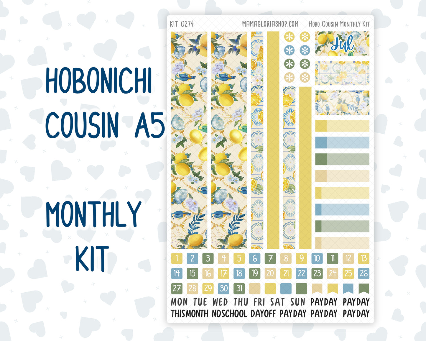 Kit 0274 - Hobonichi Cousin - Monthly Kit - July - Sunny Lemon Shore - 1.3” Wide Columns