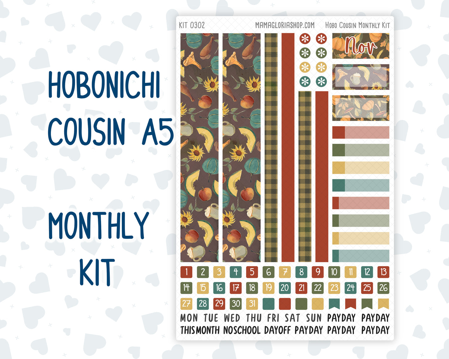 Kit 0302 - Hobonichi Cousin - Monthly Kit - November - Thankful Season - 1.3” Wide Columns