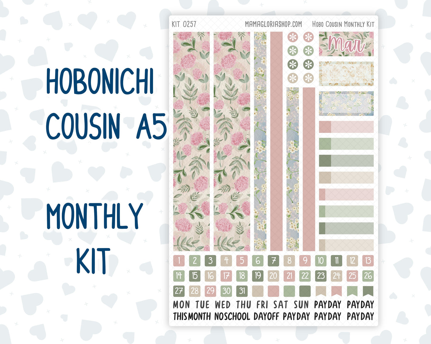 Kit 0257 - Hobonichi Cousin - Monthly Kit - March - Blush Garden - 1.3” Wide Columns