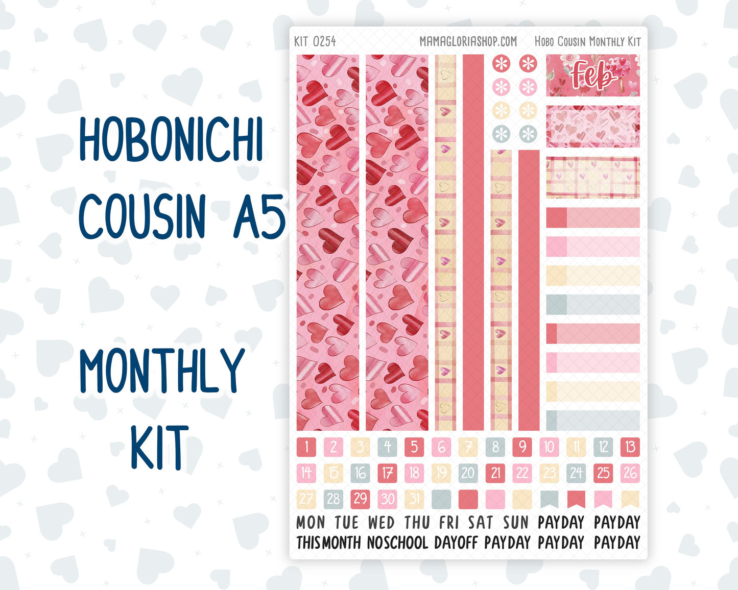 Kit 0254 - Hobonichi Cousin - Monthly Kit - February - Valentine Village - 1.3” Wide Columns