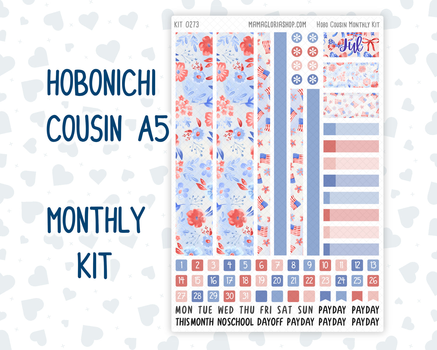 Kit 0273 - Hobonichi Cousin - Monthly Kit - July - Americana In Bloom - 1.3” Wide Columns