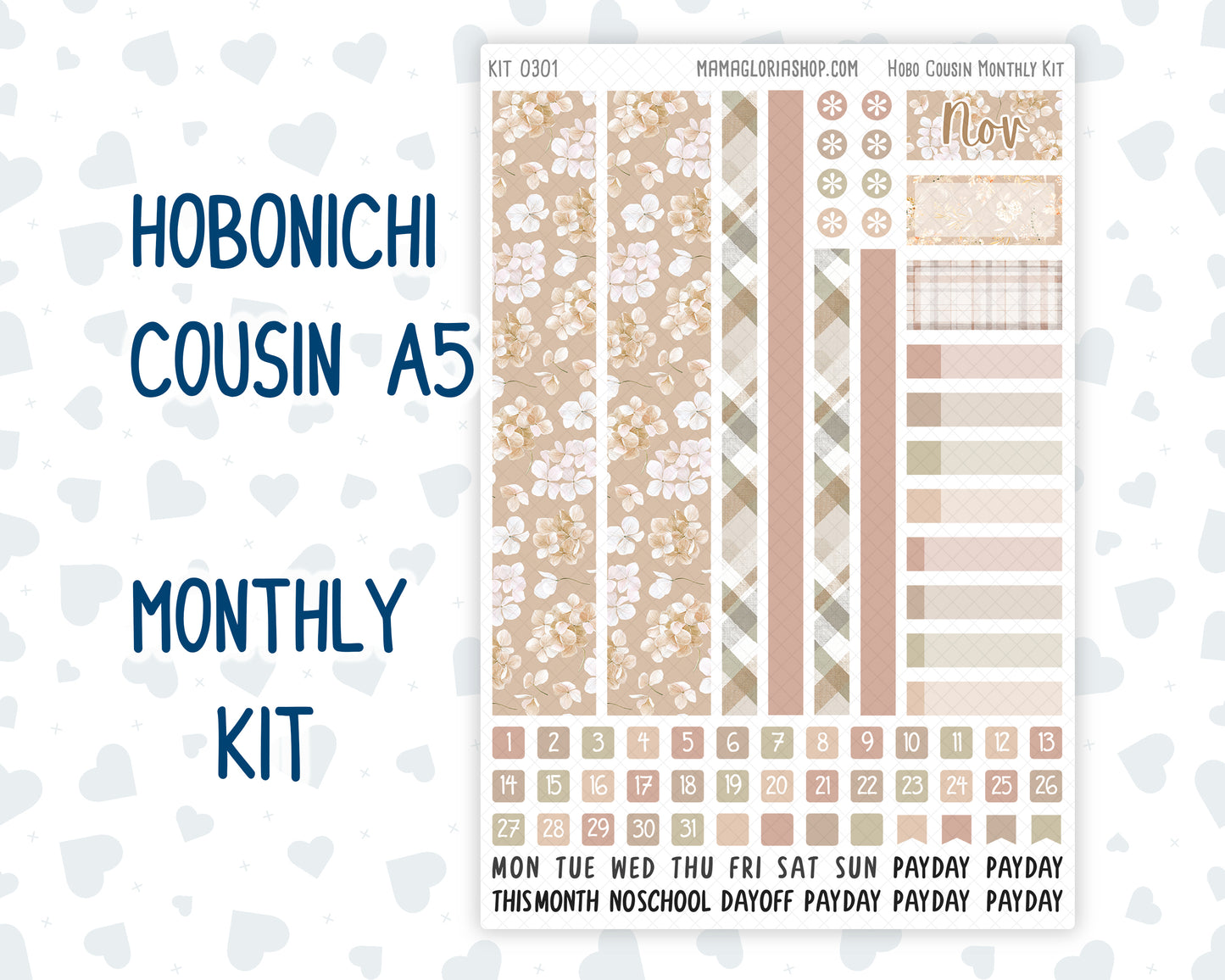 Kit 0301 - Hobonichi Cousin - Monthly Kit - November - Sunday Comfort - 1.3” Wide Columns