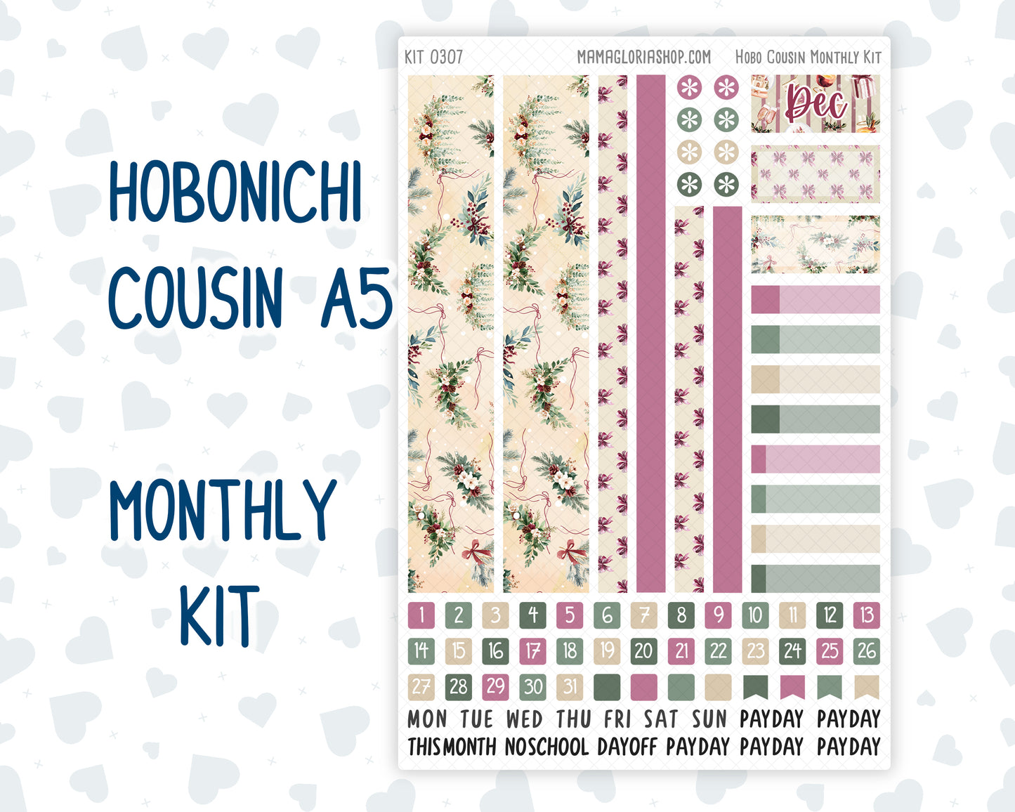 Kit 0307 - Hobonichi Cousin - Monthly Kit - December - Velvet Hearth - 1.3” Wide Columns
