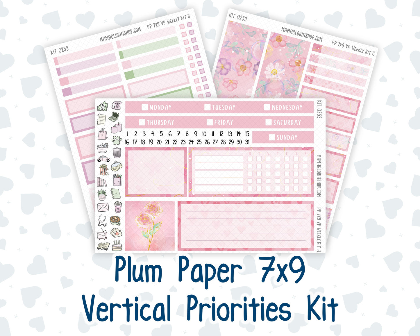Kit 0253 - 7x9 - Vertical Priorities - Plum Paper - Weekly Kit - February - Rosy Daydreams