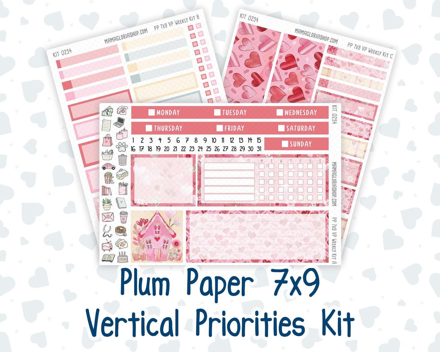 Kit 0254 - 7x9 - Vertical Priorities - Plum Paper - Weekly Kit - February - Valentine Village